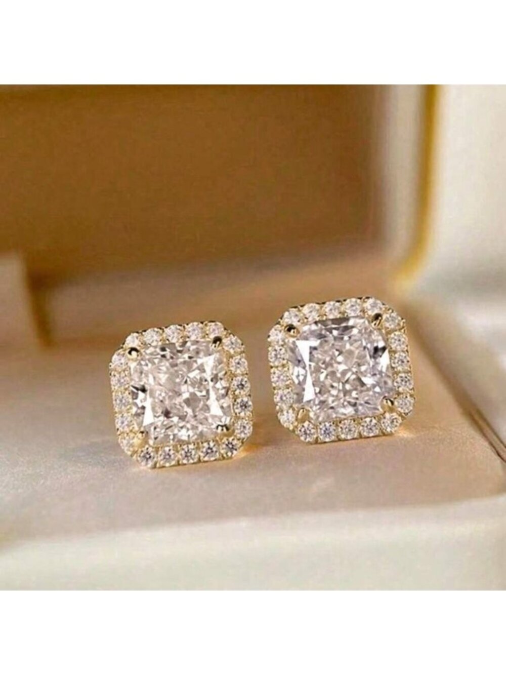 Gold CZ Square Halo Stud Earrings Rhinestone Statement Crystal Studs